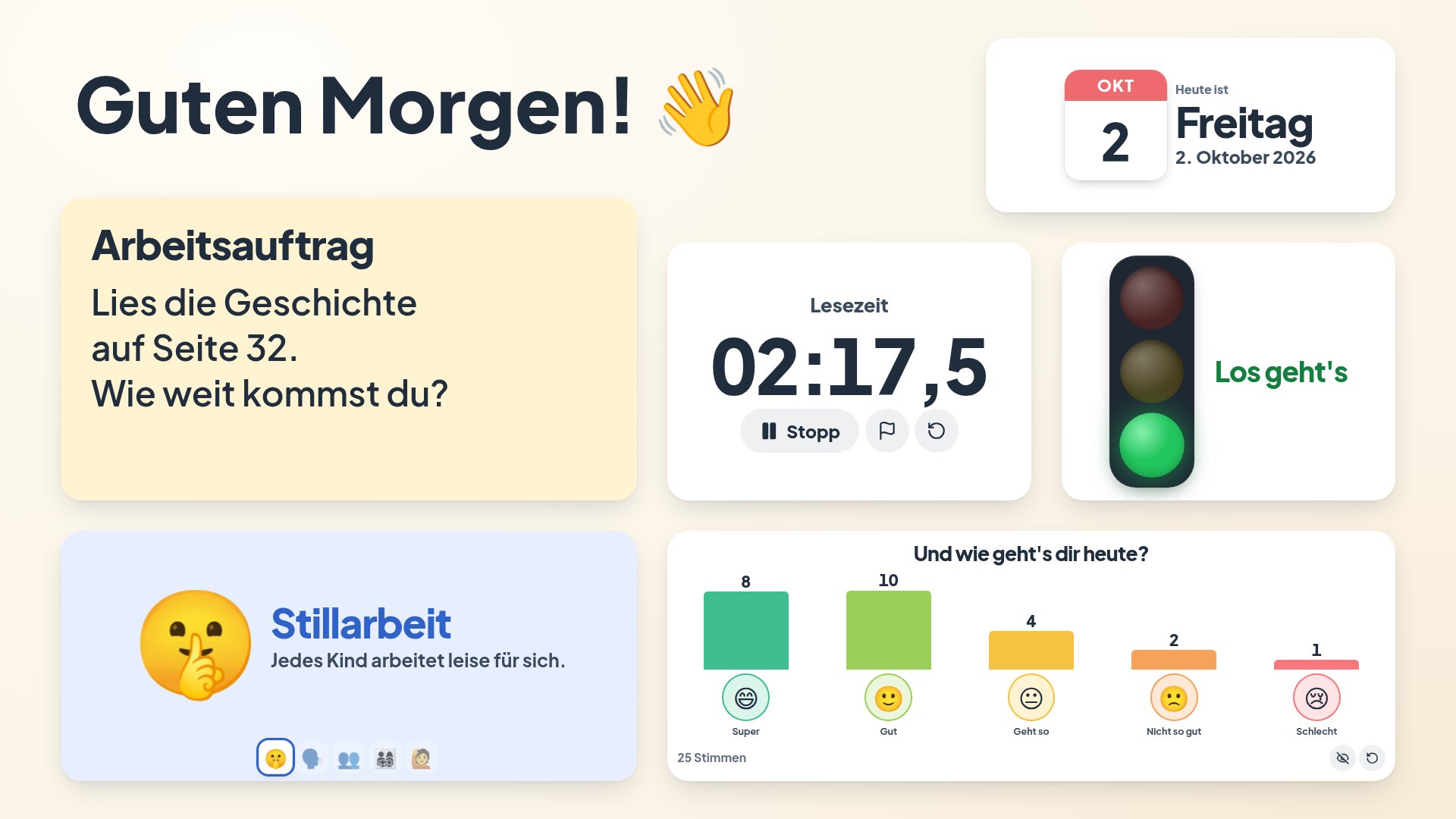 Boardino-Tafel mit Begrüßung, Datum, Arbeitsauftrag, Timer und Arbeitsmodus Stillarbeit